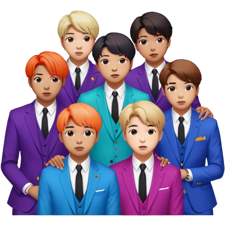 Cinematic Realistic group portrait of BTS featuring all 7 members in stylish modern attire, with detailed facial expressions and vibrant colors, captured in dynamic, contemporary lighting that emphasizes their global pop icon status emoji