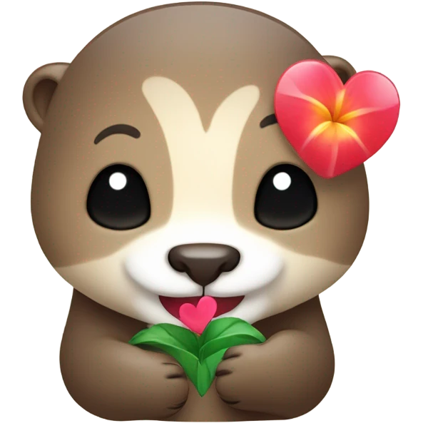 A happy and cute otter face with a Hawaiian flower-shaped pin, holding a heart in its hand. emoji