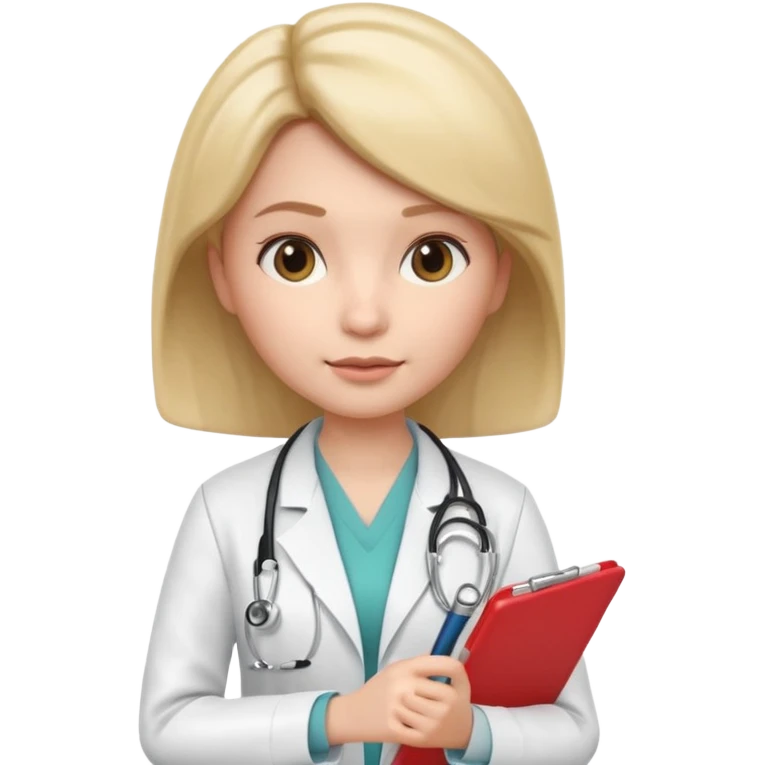3D memoji female doctor holding clipboard and pen, slightly strict but kind facial expression, educational vibe, white medical coat, isolated PNG emoji