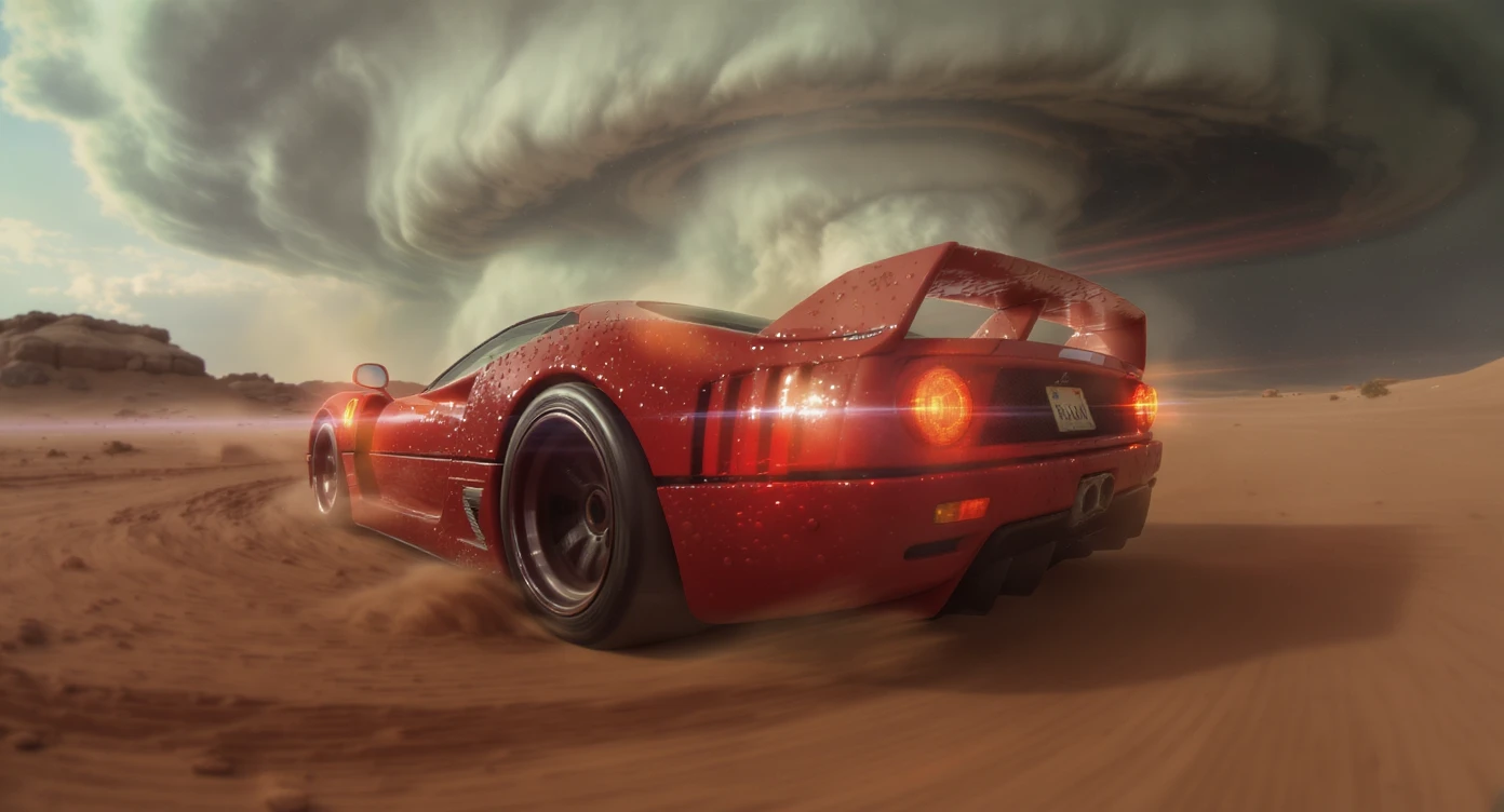 Cinematic still of a ferrari f40 around tornado od arizona desert, sun flare, captured by gopro hero with effect fisheye, water drops on car body, detailed, inspired by interstellar look, captured by a Super-16 emoji