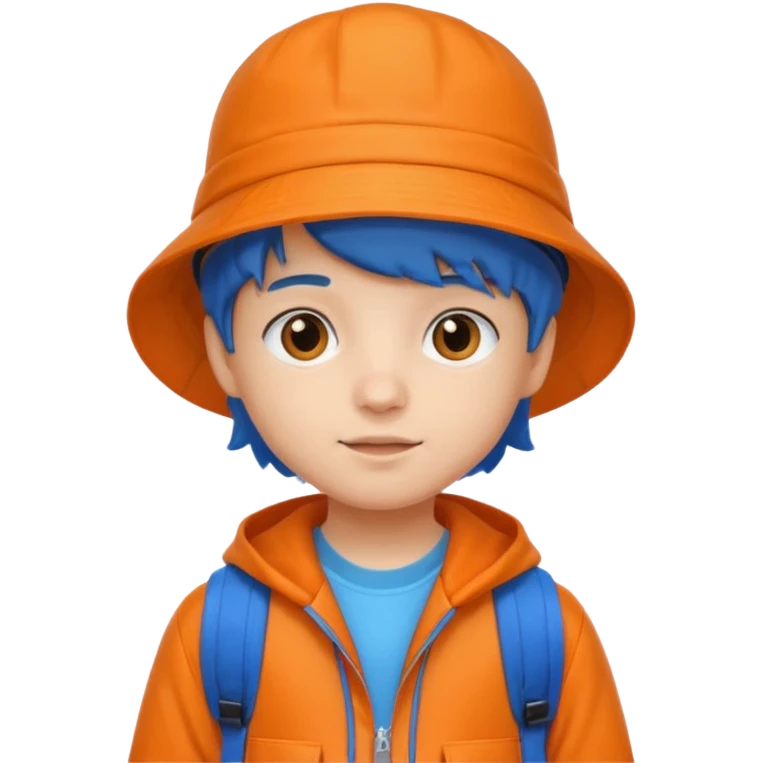 A little student with bucket hat, orange jacket, blue backpack emoji