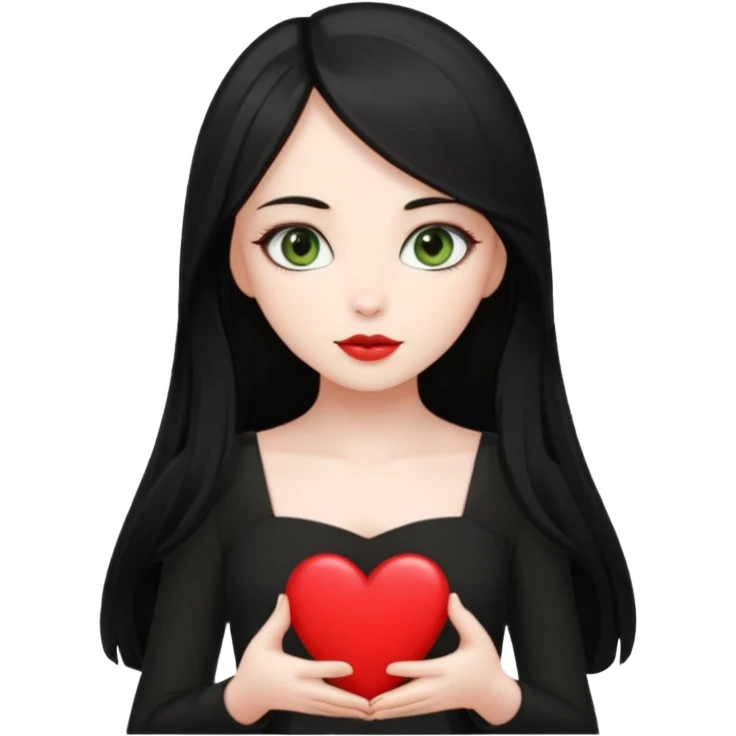 Pale girl with long black hair and olive green eyes wearing black dress and holding a heart emoji
