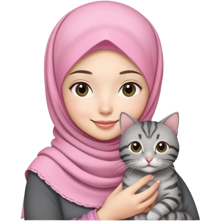Asian white girl wearing pretty pink hijab holding a black grey tabby cat with smiling emoji