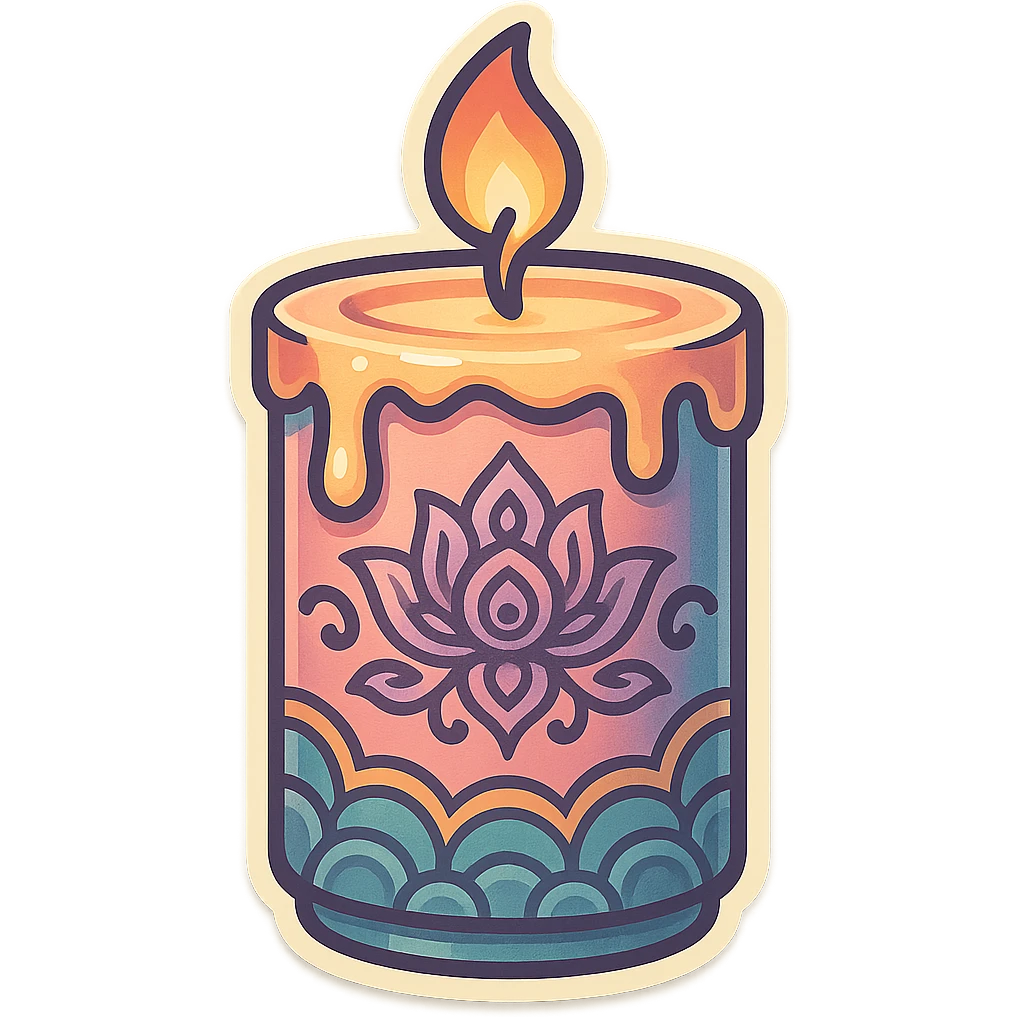 Edit the image of a burning candle in an eastern style with only decorative patterns (no clouds, lanterns, or coins). Use the retro-stickers style with thin clean contours, soft rounded shapes, detailed drawing with shadows and highlights, pastel palette #98B5BC, #B5B3C1, #C9A3C9, #E4C0CA, #F7DCD1, #F7C0AA, modern Japanese pop-art, soft lighting, and transparent background. emoji