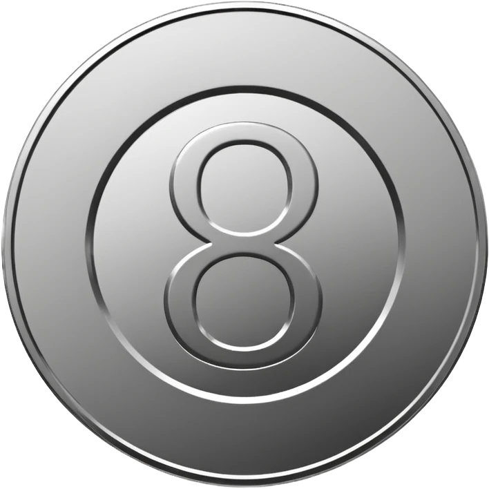 Emoji icon of a metal coin with engraved number 8, minimalist style, isolated, only metal color emoji