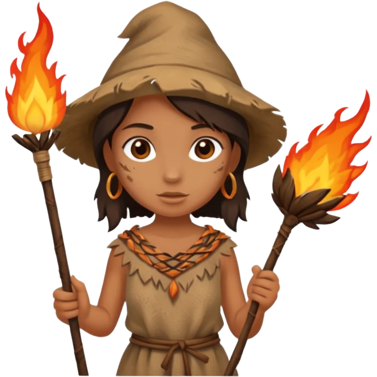 ancient girl, tattered animal skin cloth, hold fire stick emoji