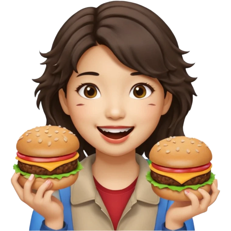 create a humongous asian girl with 2 burgers and a cookie in her mouth emoji