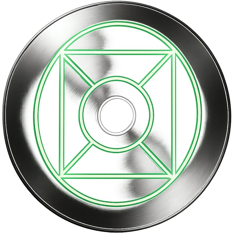 A minimalist CD disc with geometric pattern, glowing effect, green color, chrome style, with a metallic sheen. emoji