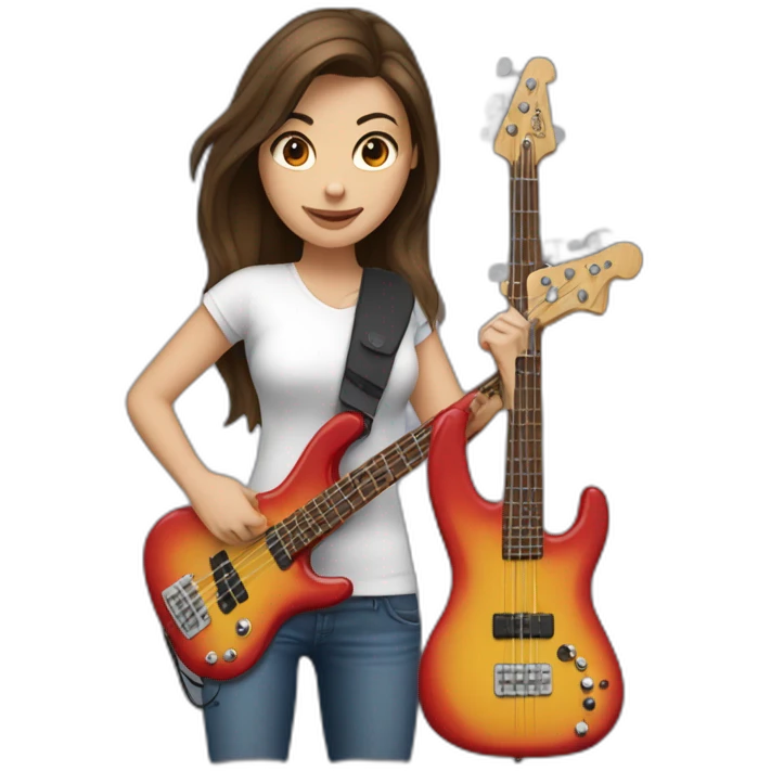 White brunette in t-shirt playing four string electric bass guitar emoji