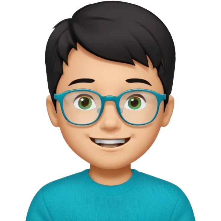 Chico de 7 años, pelo negro y repeinado pero con volumen hacia arriba, piel marrón clarito, gafas cuadradas azules, sonriente y sin 1 diente, jersey verde turquesa y ojos muy rasgados, Y NO redondeados emoji
