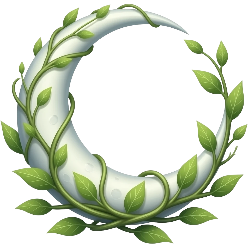 Moon & Bloom Symbol: Crescent moon with delicate vines and leaves growing upward from its base, gently wrapping around the curve. Meaning: Deep reconnection with nature’s cycles and living wisdom. emoji