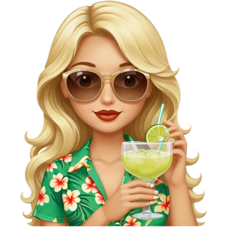 Blonde model with brown eyes, long wavy hair, margaritaville emoji