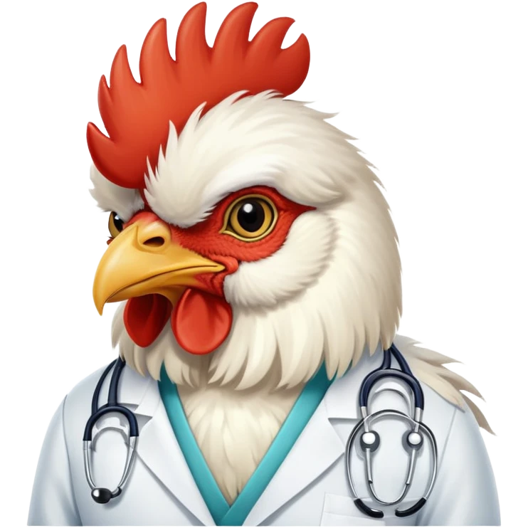 A White Silkie Bantam rooster has very fluffy plumage on its head and is wearing a doctor's stethoscope.  emoji