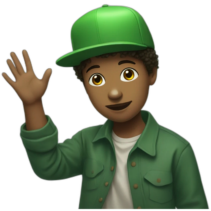 a boy wearing a green hat and holding his hands up, a digital rendering, remodernism, official art emoji
