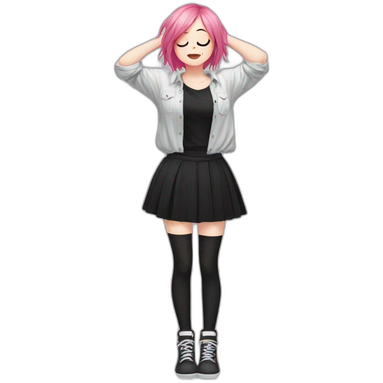 Full body Front view curvy emo girl pink hair sits on the floor straight view hands up black skirt полосатые рваные чулки emoji