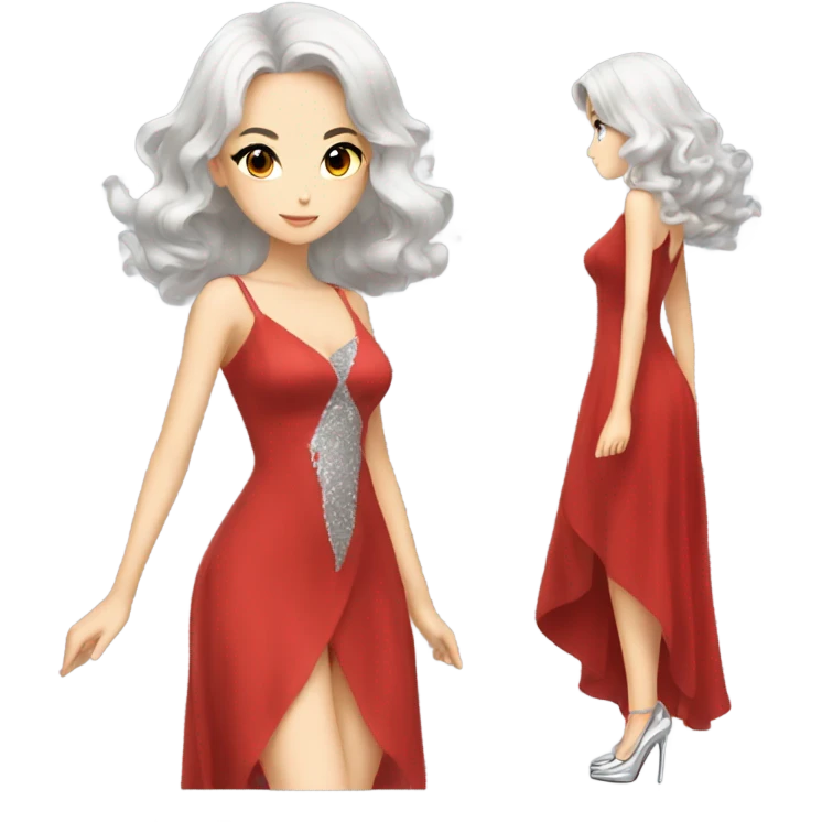 Beautiful anime woman wearing a red dress and silver high heels  emoji