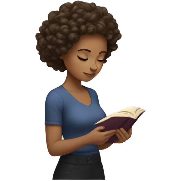 brunette curl hair brown woman looking down at a book cozy aesthetic emoji