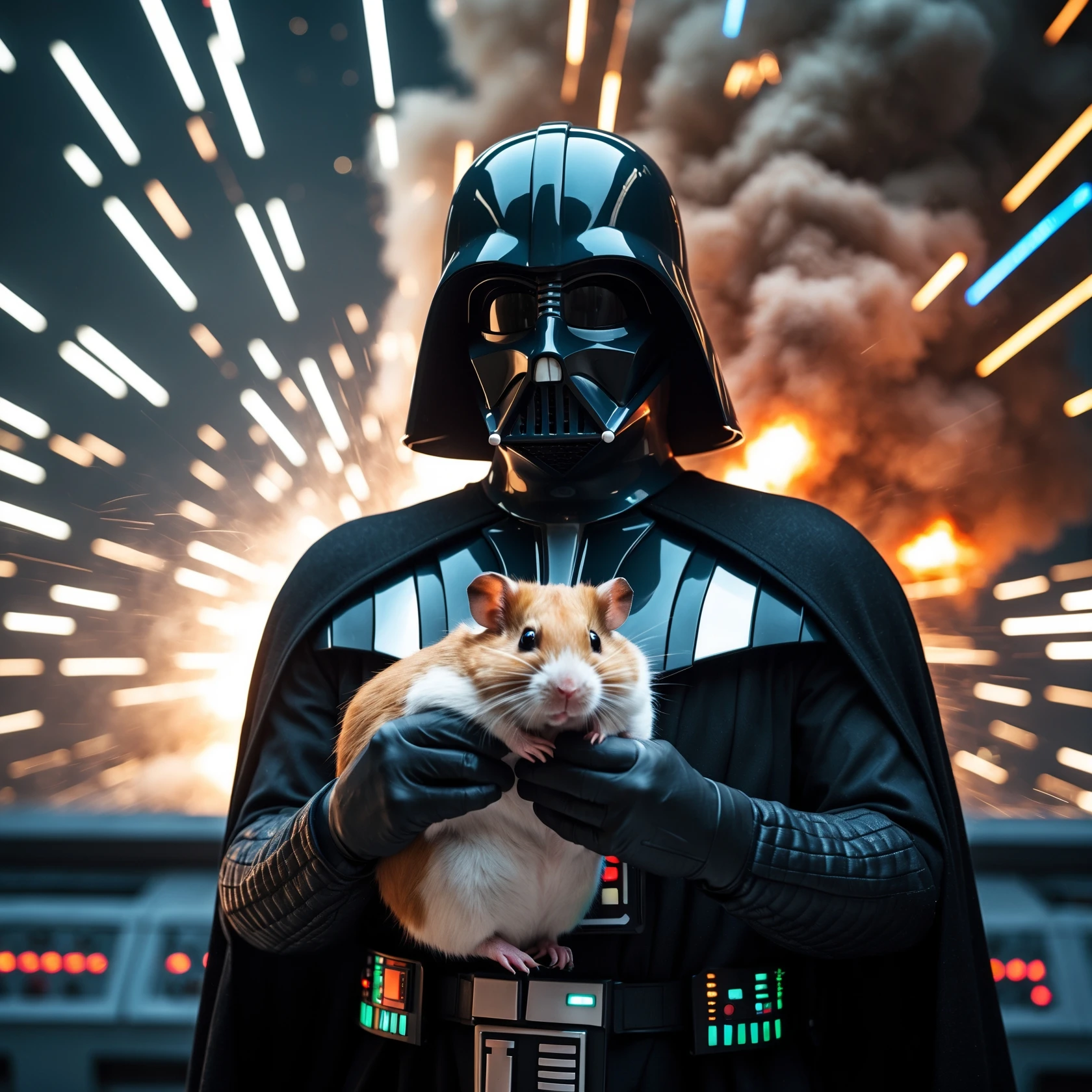 Cinematic still, Extreme Closeup Photo of a darth vader holding big hamster, low key light, explosion startship background with leading lines, back light, spot light emoji