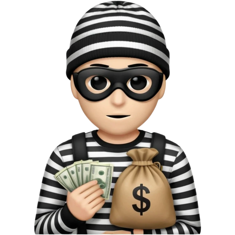 burglar with black and white striped shirt, black beanie, black mask over eyes, holding a moneybag emoji