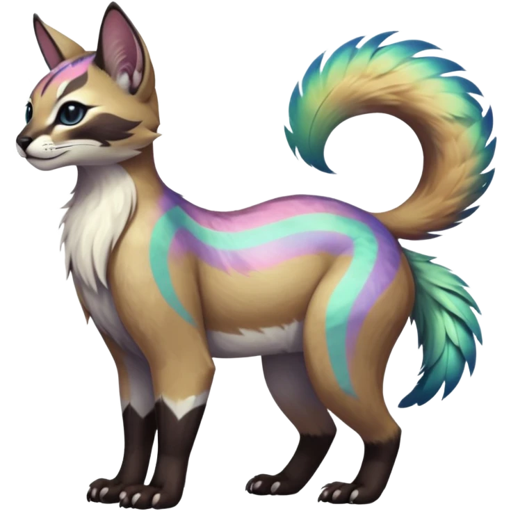 Colorful dark tropical feathery tribal pale light fruity pastel white glorious iridescent divine exotic cute cool beautiful beautiful fantasy-caracal-civet-genet-sergal-vernid-Gryphon-Cacomistle-Trico-oncilla-animal-Fakémon-hybrid-fursona (full body) emoji