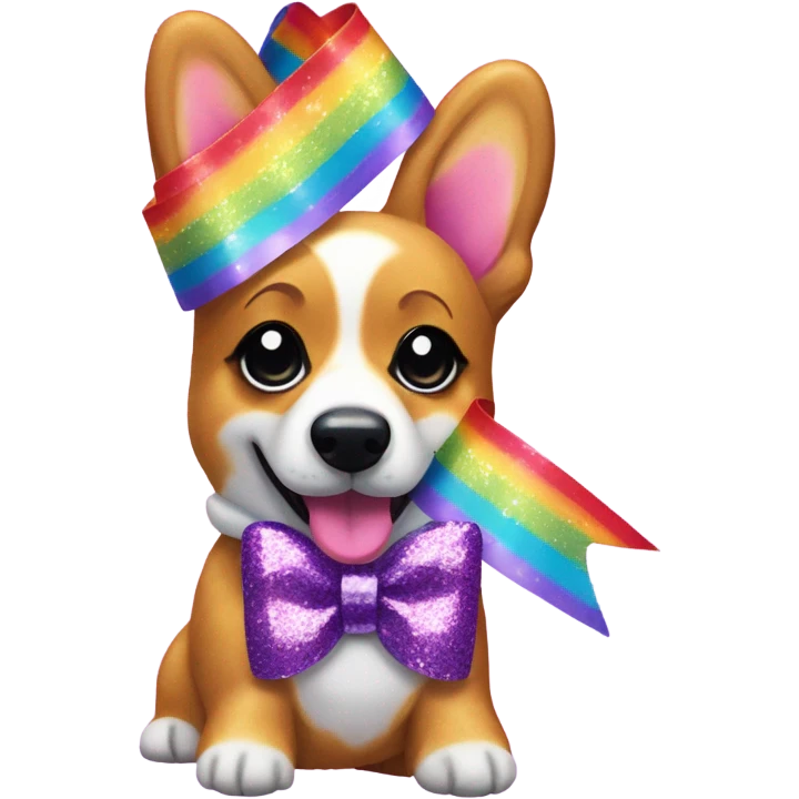 Lisa frank rainbow glitter corgi with ribbon bow on head emoji