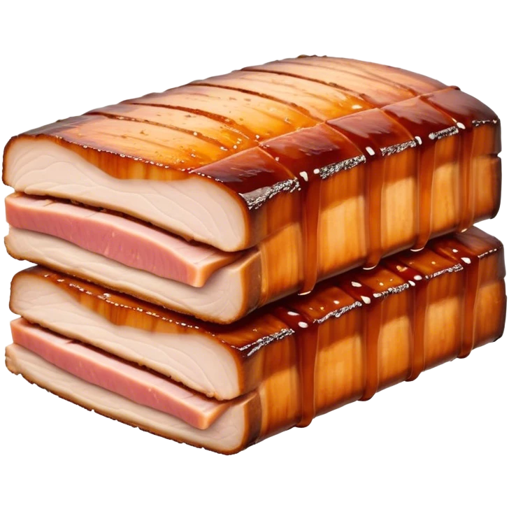 Cinematic tender pork belly, slow-roasted to perfection, crispy caramelized edges, glistening with juices, sliced into thick, rich layers, warm golden tones, luxurious and indulgent. emoji