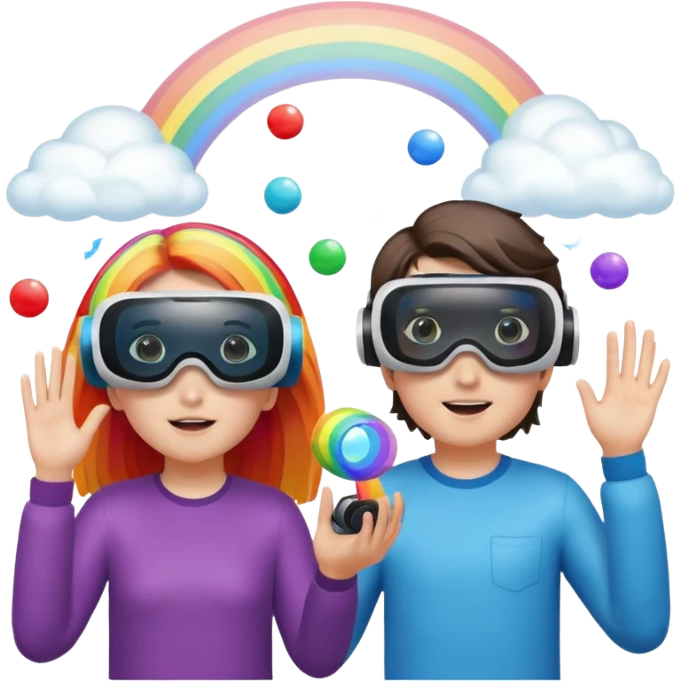 Human girl and boy Show a VR headset or AR glasses, symbolizing the immersive hair experience. Include virtual objects or a 3D scene floating in the air in front of rainbow Make the background transparent. emoji