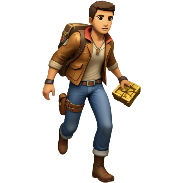 an adventure game, inspired by Uncharted-2. The design features a rugged explorer navigating through ancient ruins, with treasure and obstacles in the background. A dynamic environment with jungle, cliffs, and puzzles highlights the thrill of discovery and action. Transparent background. emoji