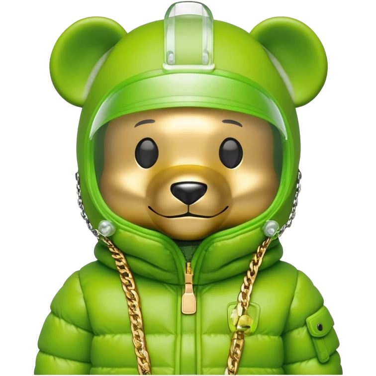 bearbrick with lime green balaclava that has built-in panoramic visor lens directly in eye area, single continuous shield integrated into the mask, not separate glasses, puffy jacket with fur, gold chains emoji