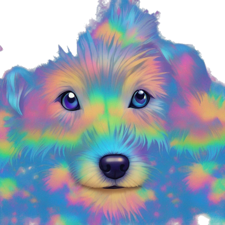 Multicolored rainbow retro groovy tie dye hippie trippy floral patterns on a metallic holographic iridescent blue dog face head unicorn emoji