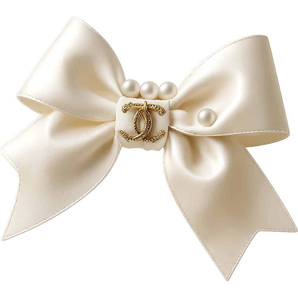 Add a solid white background behind an elegant bow with pearls and a gold Chanel logo, in a glossy, soft lighting, realistic style with soft reflections and highlights. emoji