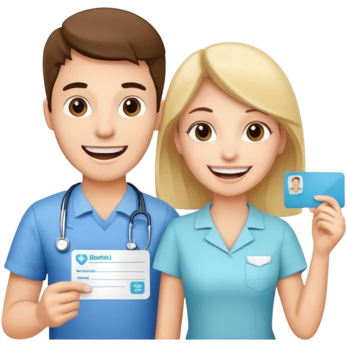 a cheerful young man and woman, carrying a dental appointment card, going to the dentist emoji