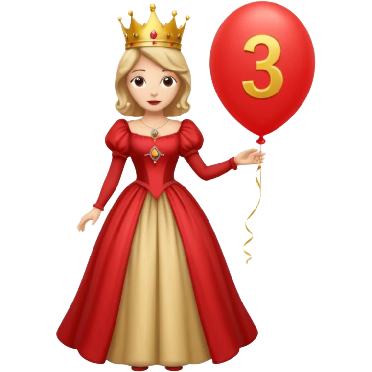 queen wearing dress, holding balloon in shape of number 3 emoji