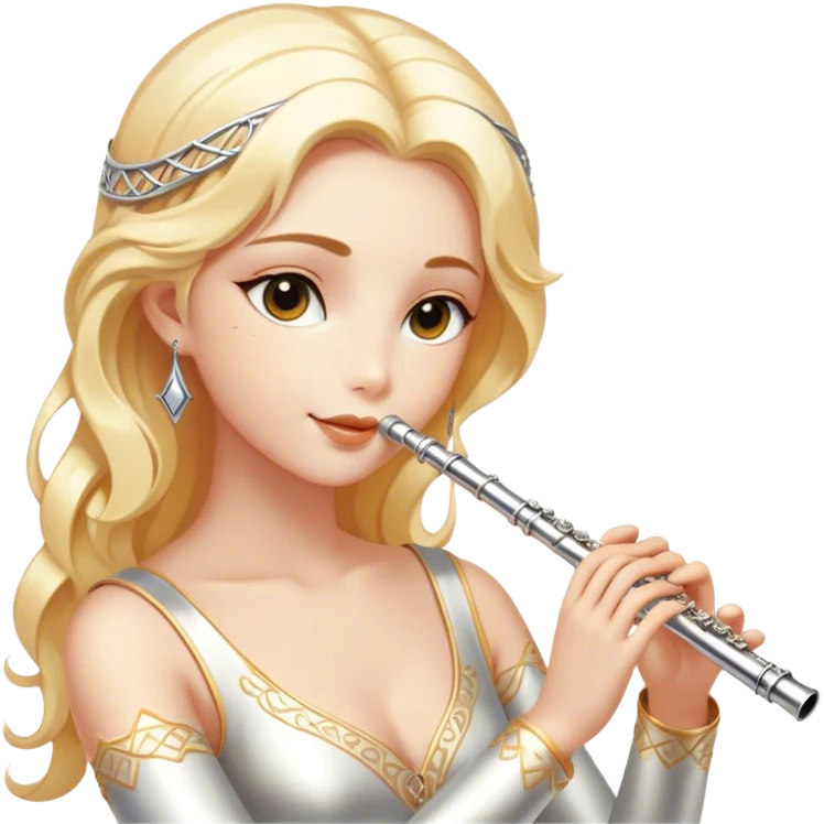 Cinematic Realistic Flute, polished silver metal with precise keywork, warm golden reflections dancing along its surface, soft hands carefully positioned over the keys, glowing with an elegant and airy charm. emoji