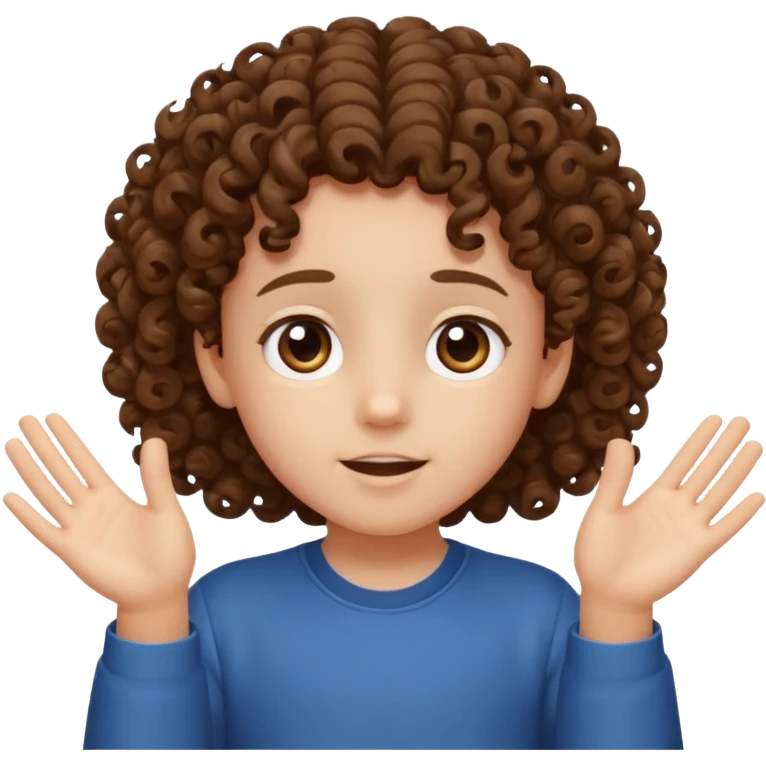A kid with curly hair with both hands facing up saying 67 emoji