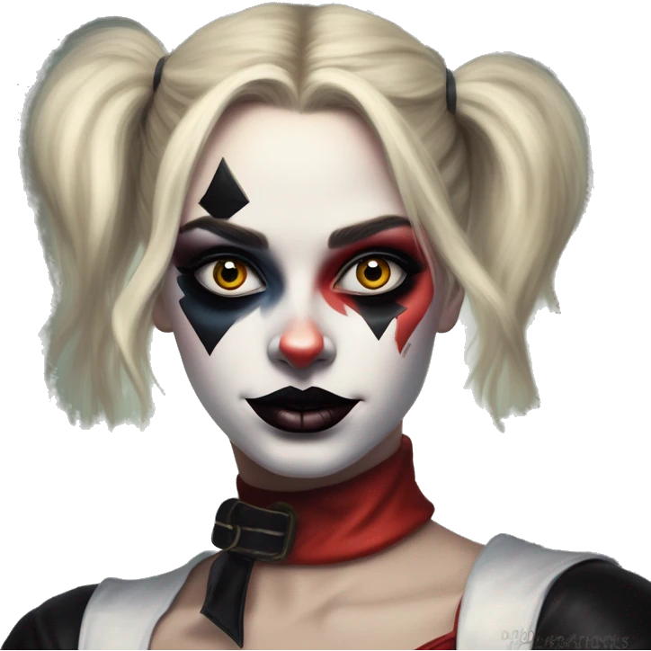 Dalahäst in Harley Quinn style, oil paint, mysterious eyes, intricate lips, masterpiece portrait, odd perspective, beautiful, desirable, logical emoji