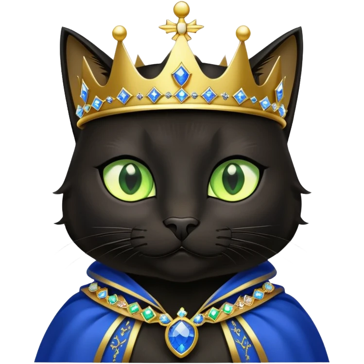 black cat with brilliant neon green eyes wearing a royal blue cape trimmed in gold and a crown with jewels emoji