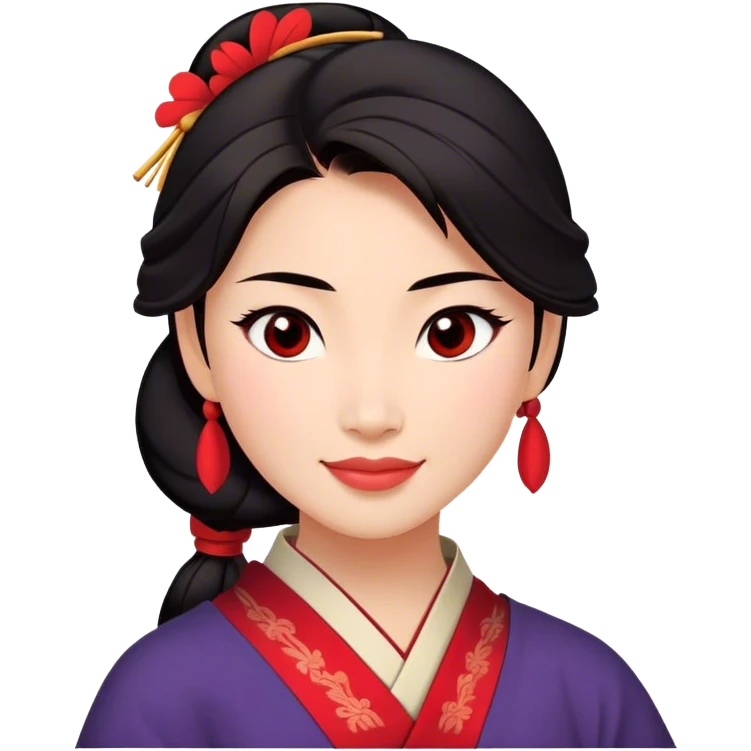 Cinematic Radiant Mulan Portrait Emoji, rendered in a realistic, vector-style with clean proportions. Show Mulan with a soft, confident smile, warm skin, and expressive eyes, her dark hair styled simply, and dressed in traditional clothing with understated red accents. The image radiates a gentle, luminous glow and high shine, accentuated by a soft glowing outline. emoji