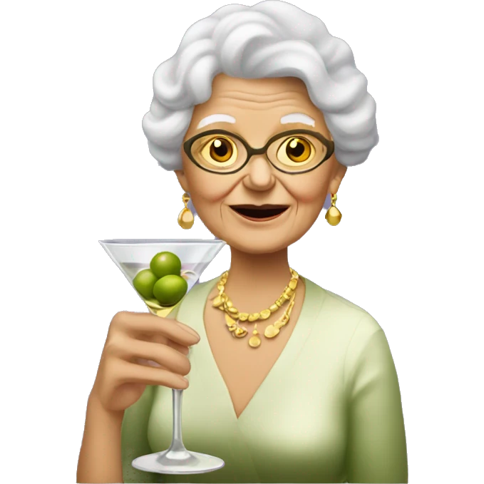 Old lady wearing gold earrings drinking a martini with two olives emoji