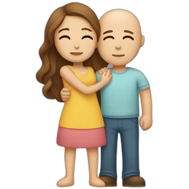 Bald male Hugging a woman with long brown hair for comfort but looking sad emoji