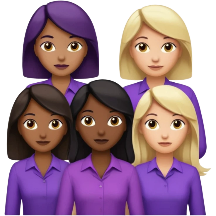 Group of reproductive age women 25-50 of all races with light, medium, dark and very dark skin tones. Blond, brown, black hair color with various purple blouses and shirtys. 10 per image emoji