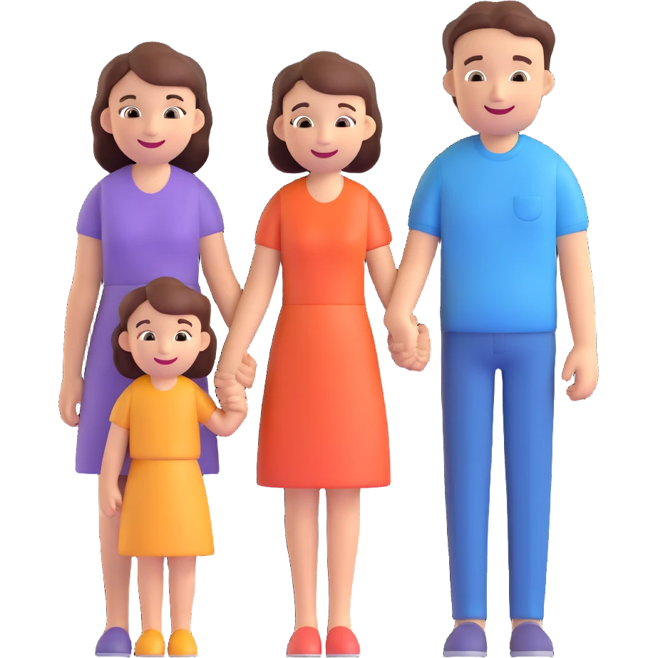 3D icon of a family: two parents and two children, holding hands, cheerful and inclusive emoji