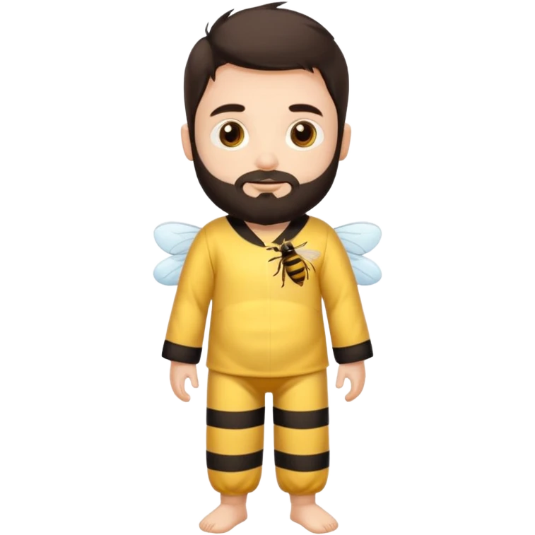 Grown up man with brown eyes, dark brown long hair, white skin, medium beard, full body in cute bee pijama emoji