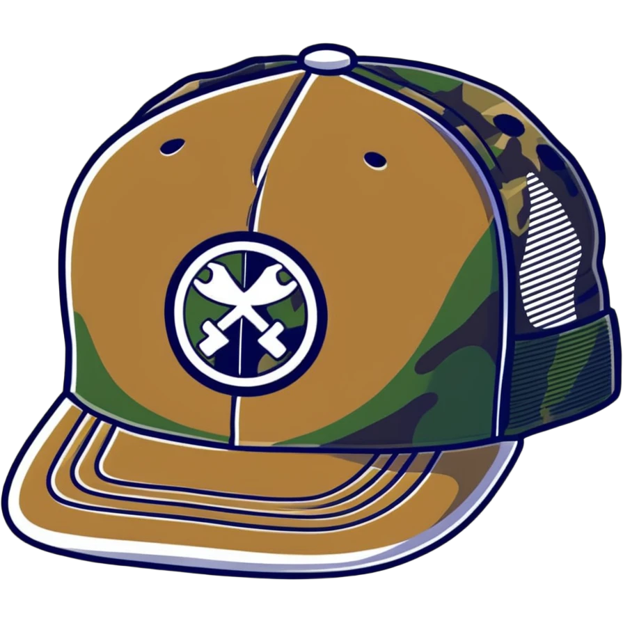 camo trucker hat with ian charms logo emoji