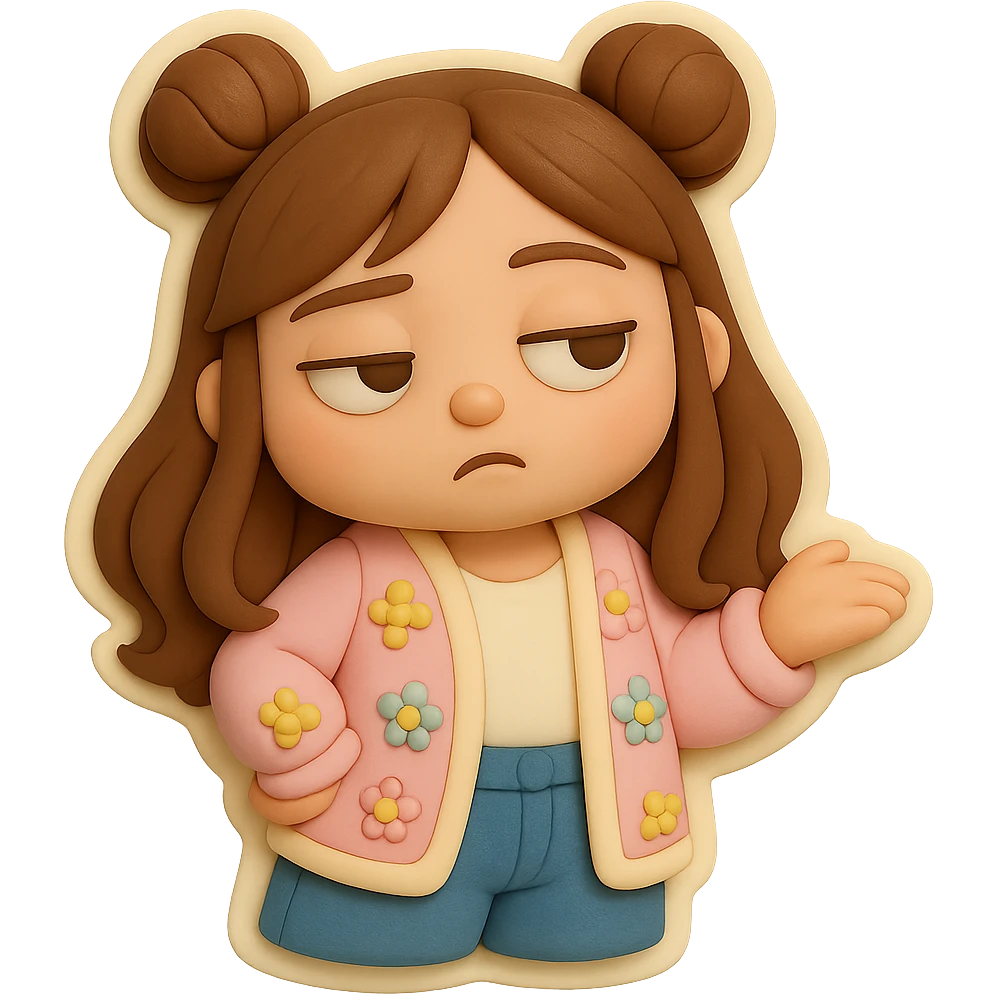 3D chibi fondant cake art style, high-quality rendering with smooth shadows and soft gradients. Girl based on reference image with preserved facial features and eye shape, long brown hair in two space buns, brown eyes, jeans, pastel floral cardigan, thick white outline like a sticker, transparent background. Rolling her eyes like 'oh please'. Ensure the face, hairstyle, and eye shape match the reference exactly. emoji