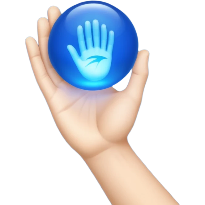 palm-down hand on top. Blue light ball in middle. Palm-up hand on bottom emoji