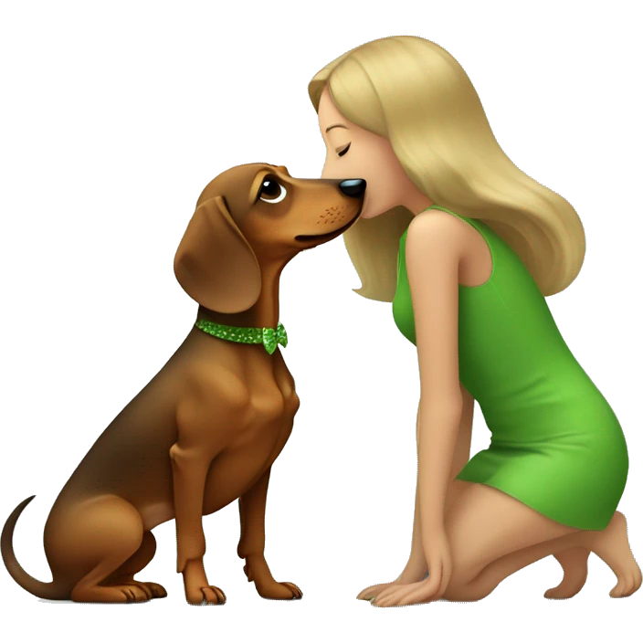 Dachshund  and dark blond girl with green yeas kissing dog emoji