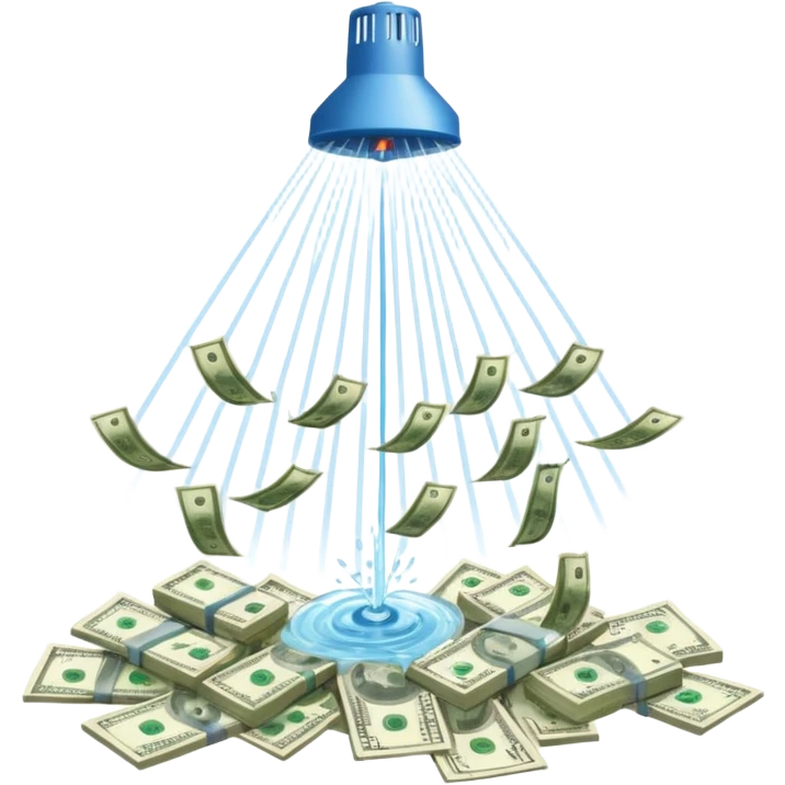 Sprinkler system shooting out streams of dollar bills, instead of water, clearly showing financial benefit emoji
