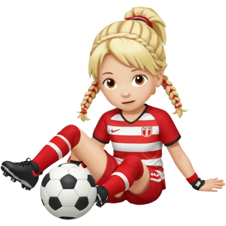 Chica de pelo rubio tirada en el suelo boca abajo agarrando un balón con las manos vestida con una equipación de color rojo y blanco con líneas y con unas botas de tacos de fútbol, con un bucal en la boca y el pelo con trenzas emoji
