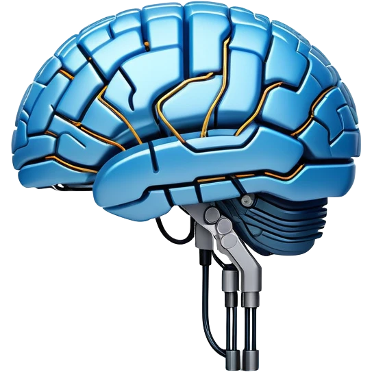 A translucent brain made of glowing circuits and light, seamlessly connected to a sleek mechanical arm. The design represents an autonomous AI that thinks and acts on its own, with subtle digital pulses flowing through it. Futuristic and minimalistic emoji